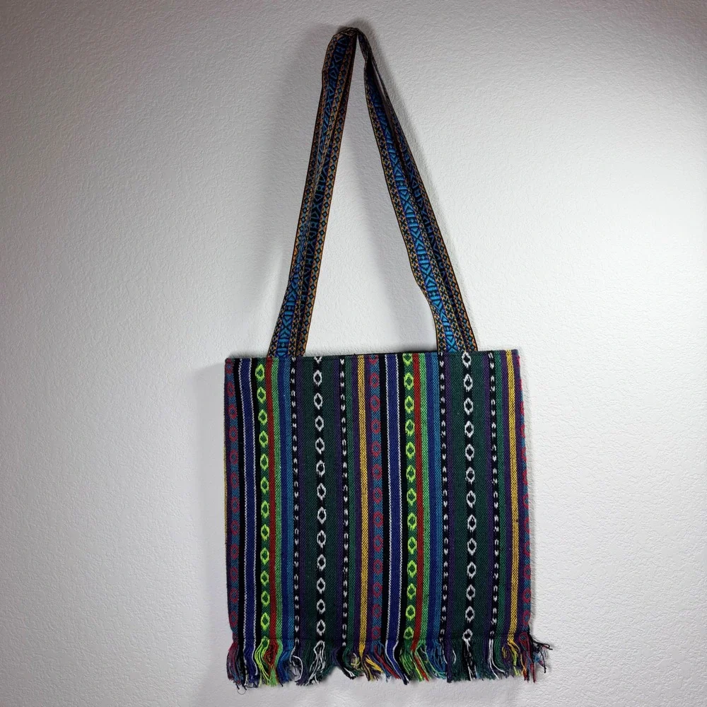 Boho‎ Embroidered Woven Tote Bag Multi-Color Striped Fringe Wooden Beads Artisan
